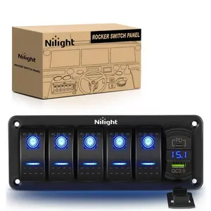 Nilight 5-Gang Aluminum 5-Pin Blue ON/OFF Rocker Switch Panel, Automotive Lighting Switchboard, 12-24V Range, DIY-Friendly, PD Type-C & USB Dual Charging Ports, Built-in Voltmeter
