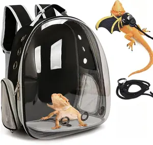 kathson Bearded Dragon Carrier with Harness and Leash Set, Large Reptile Travel Carrier Portable Lizard Backpack Clear Small Animals Carrying Bag for Gecko Hamster Rabbit Hedgehog Kitten (Black)