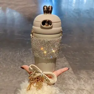 Insulated Travel Cup with Sparkling Rhinestones, 480ML Thermal Mug with Strap, Portable Hot and Cold Beverage Container, Elegant Gift Idea, Insulated Cups, Thermo Cup