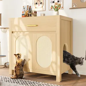 Cat Litter Box Cabinet with Scratching Board Doors, Hidden Enclosure with Storage Drawer, Wooden Washroom Side Table for Living Room & Bedroom