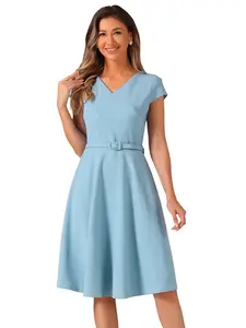INSPIRE CHIC Cocktail Dresses for Women's Belted V Neck Cap Sleeve Flowy A-line Dress