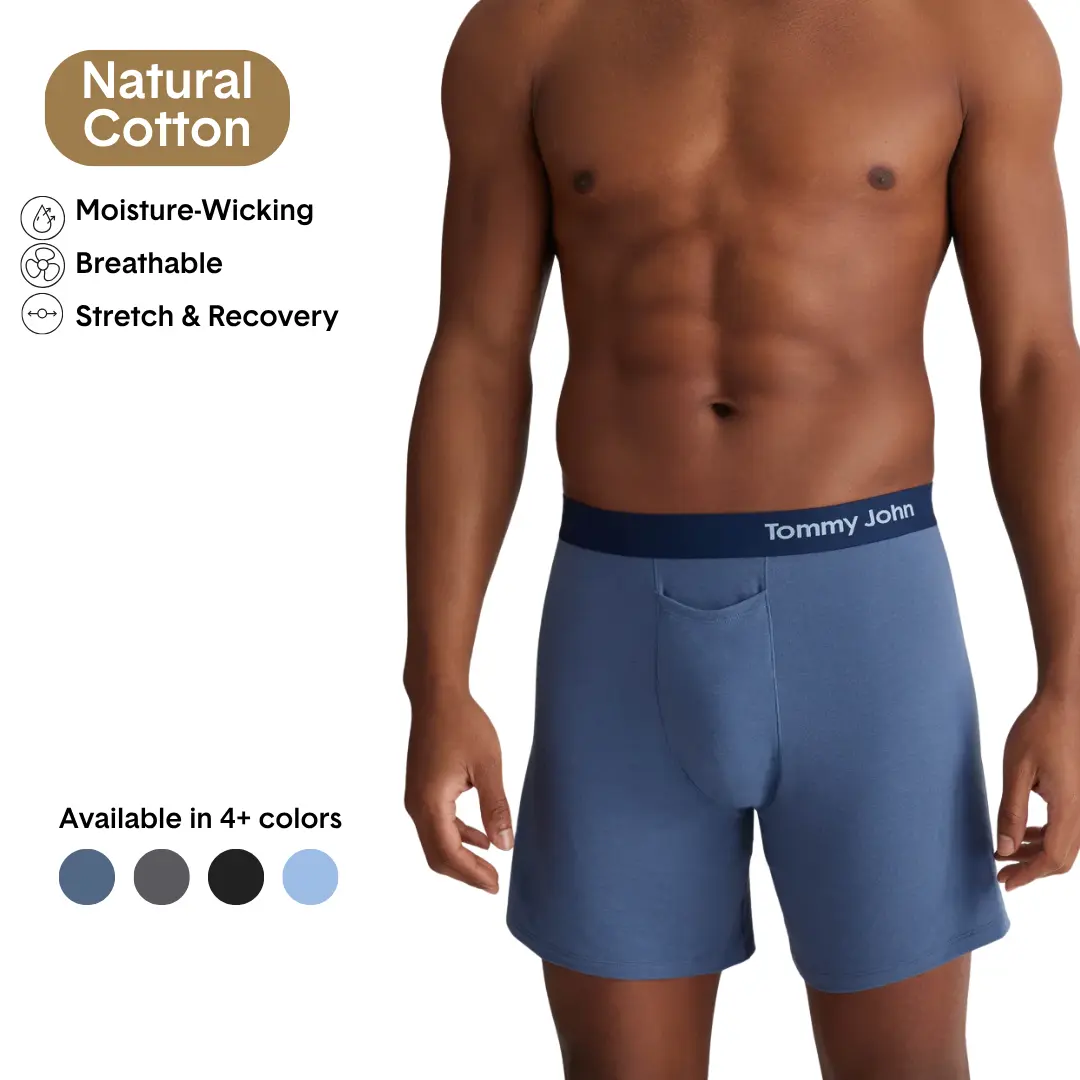 Tommy John Men’s Relaxed Fit Cotton Boxer 6” | Breathable Moisture-Wicking Underwear | Loose Fit, Contour Pouch, No Roll Waistband, Tagless Comfort Day Fabric