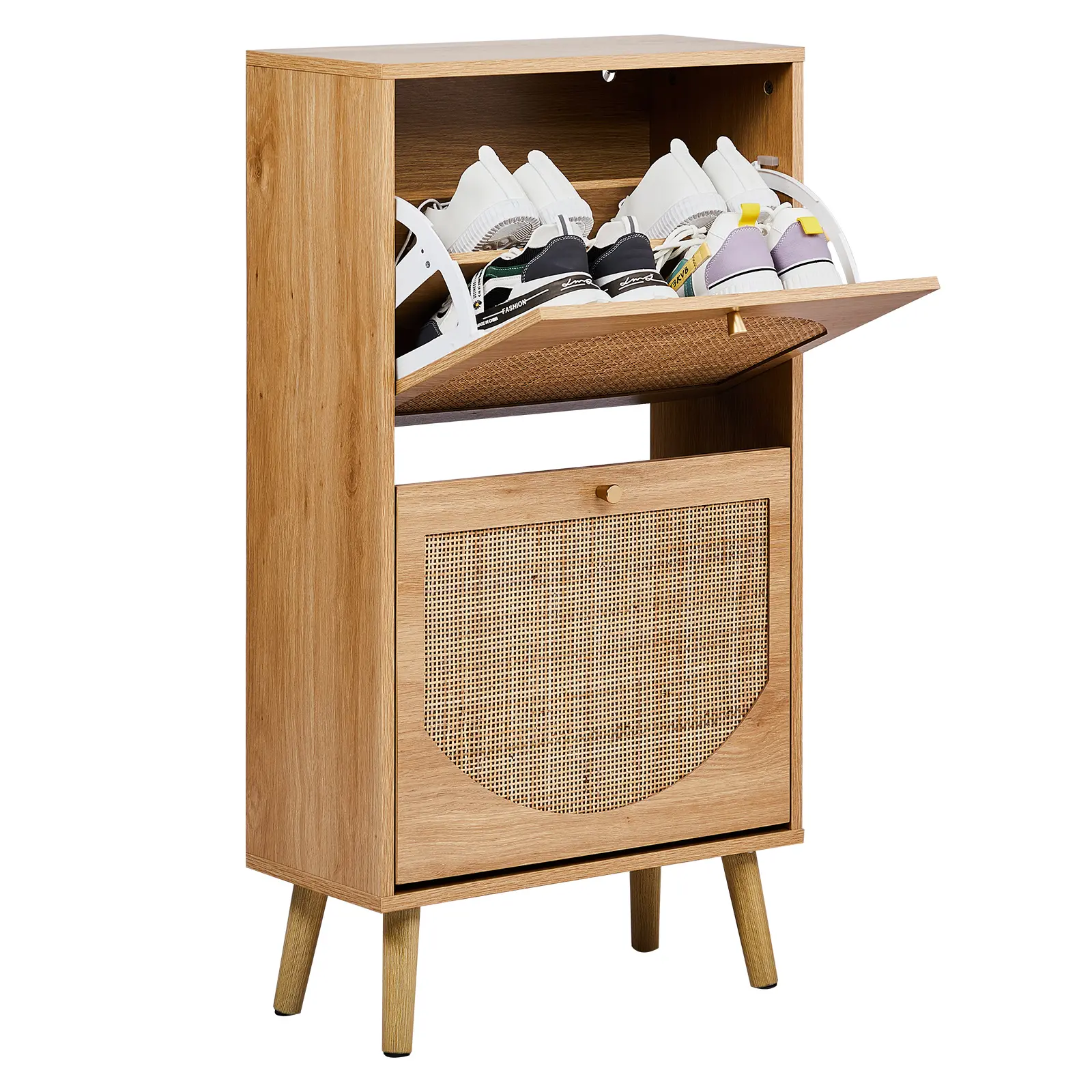 Rattan Shoe Cabinet, Natural Wood Flip-Door Shoe Organizer for Entryway, Slim Narrow Shoe Storage Cabinet with Arched Rattan Doors, Mid Century Modern Shoe Cabinet for Hallway, Holds 8-12 Pairs