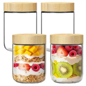 4 Pack 16oz Glass Jars with Bamboo Lids — Overnight Oats Containers with Airtight Lids, Wide Mouth Mason Jars for Meal Prep, Salad, Yogurt, Snacks, Spice & Sugar Storage | Kitchen Must-Have