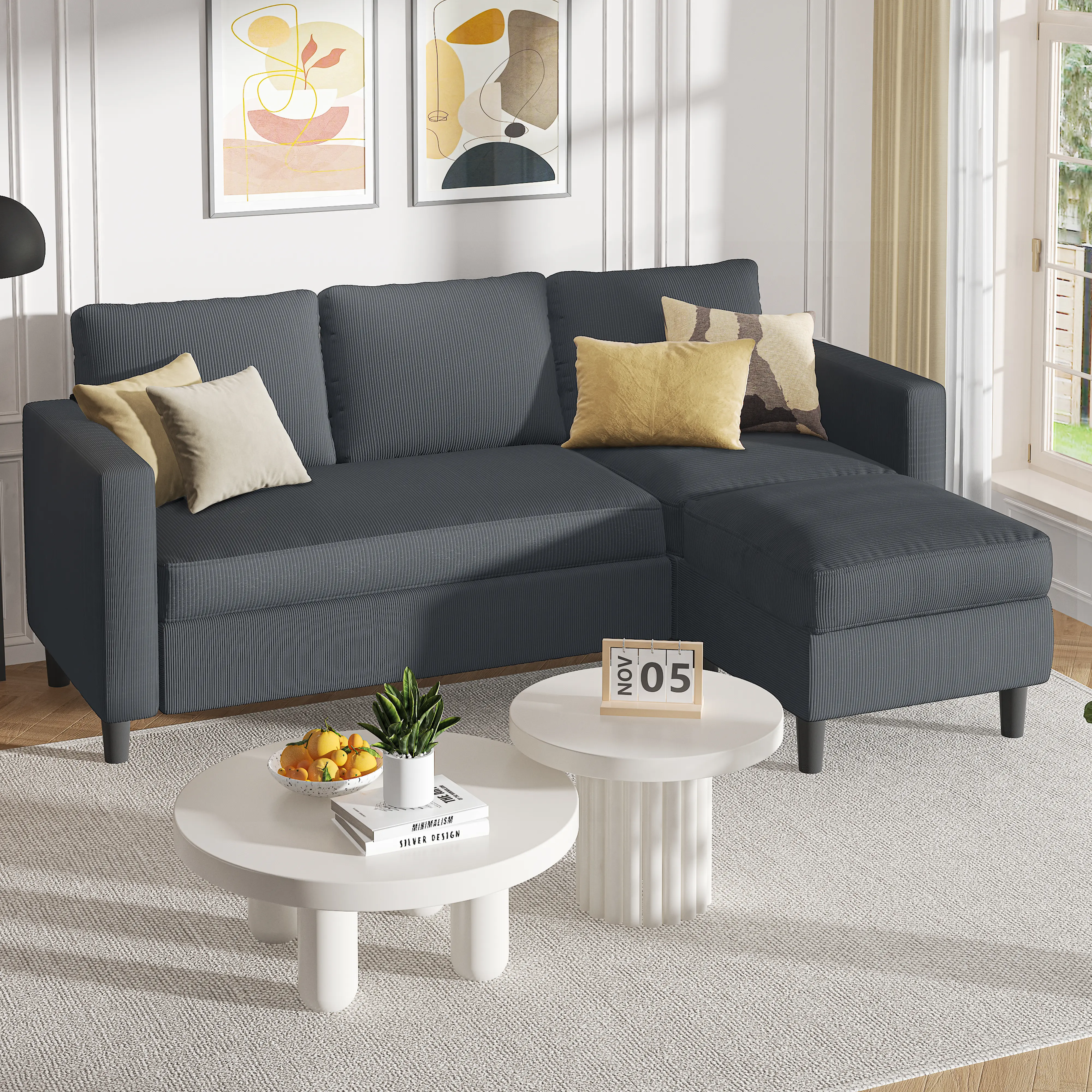 Vongrasig L-Shaped Sofa for Living Space 3-Seater Modular Sectional Couch with Storage, Ideal for Small Apartments, Pet-Friendly Textile, Soft Fabric, Simple Setup