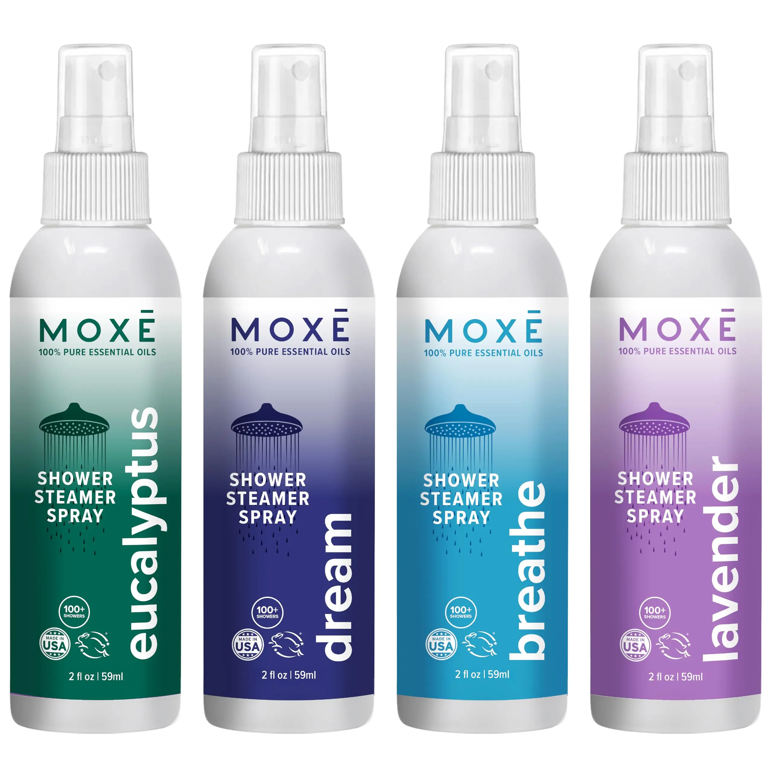 MOXE Shower Mist Variety Pack, Eucalyptus, Lavender, Breathe and Dream, Spa Steam Spray, Natural 100% Essential Oils, Made in USA, Aromatherapy, Sinus Congestion Relief, 4 Pack (8oz)