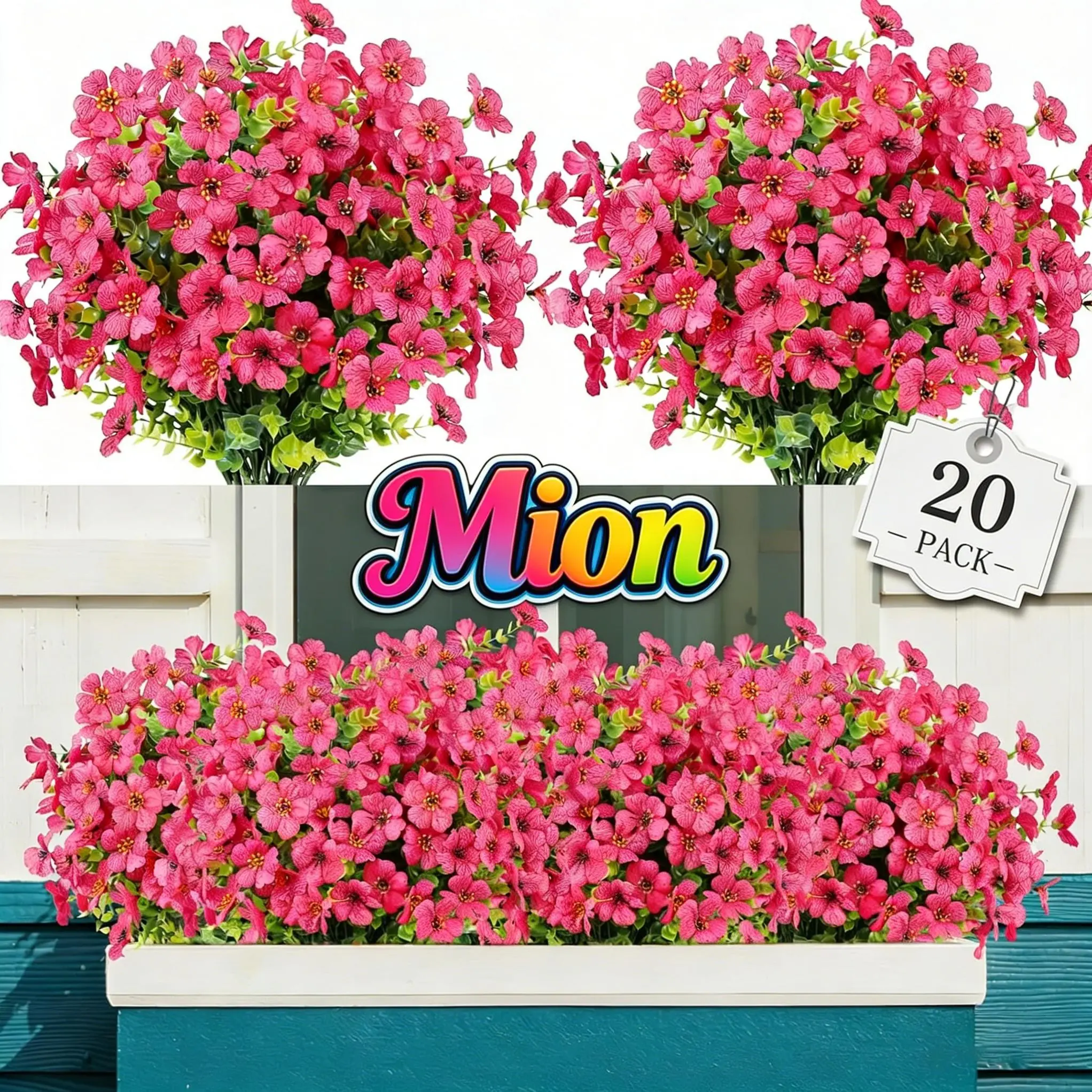 Mion Decor 20 Bundles Pink UV Resistant Artificial Flowers, No Fade Faux Silk Plastic Plants, Spring Summer Decor For Porch, Window Box, Indoor Outdoor Vase Garden Decor