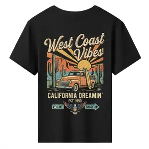 "West Coast Vibes T-Shirt |   Vintage California Dreamin' Graphic Tee |   Classic Pickup Truck Surfboard Desert Cactus Sunset Bald Eagle Like Share Retro West Coast USA Shirt"