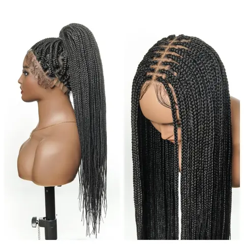 JALIZA Synthetic Box Braided Wig for Black Women - Upgrade Pre-Bleached HH Base, HD Full Lace Precut, 121-Strand High Density, 36in 490g, Natural Baby Hair, Adjustable, Easy-Install Lightweight Straight Female Wig