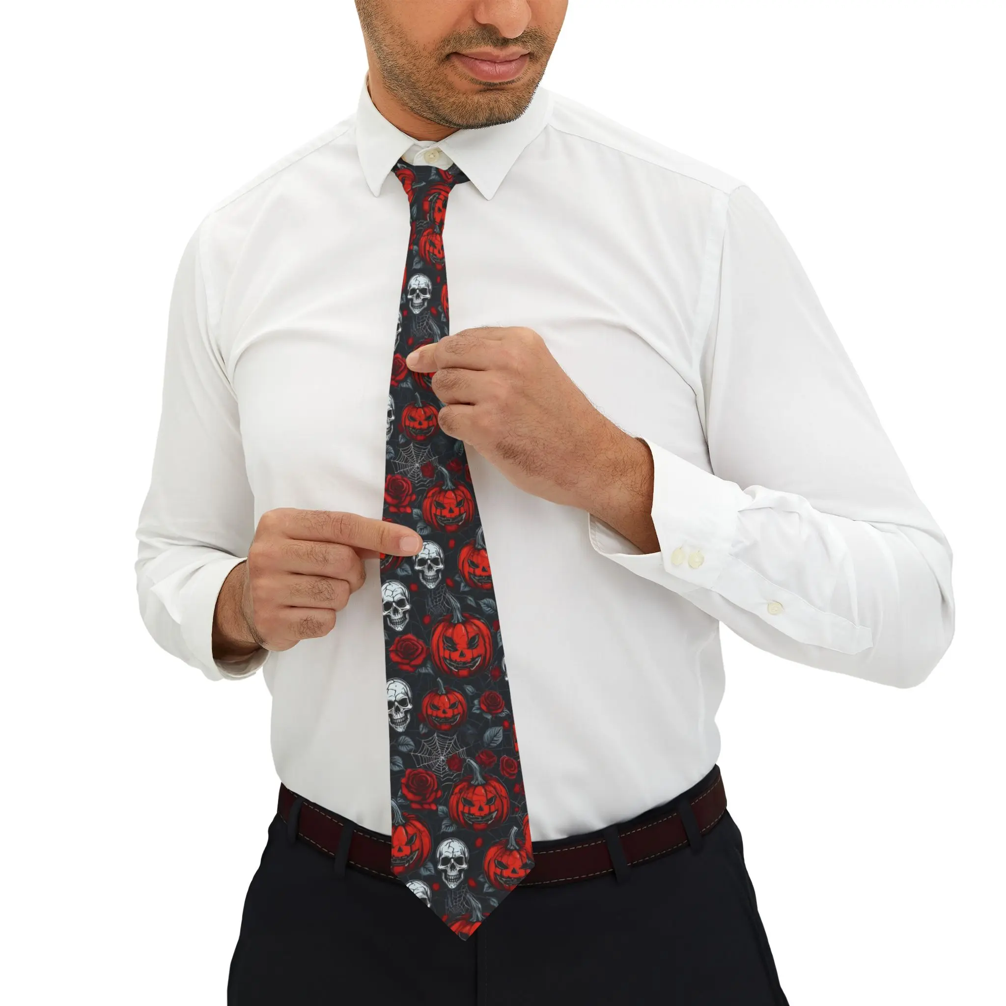 Gothic Halloween Necktie, Skull and Pumpkin Tie, Spooky Fashion Accessory for Men, Halloween Costume Tie, Unique Halloween Gift