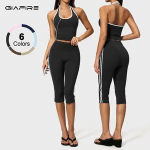 GIAFIRE color-block line halter sports two-piece set featuring high-waisted seven-eighths fitness pants with side stripes and a comfortable, highly elastic tummy-control shaping sports tank top. Suitable for yoga, Pilates, workouts, and everyday casual we