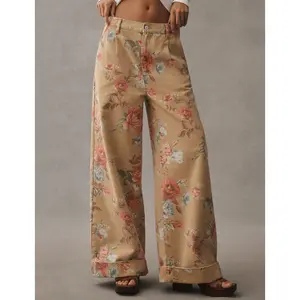 Women's Khaki Yellow Boho Floral Print Wide Leg Jeans with Double Rolled Hem & Front Zipper Closure Regular Fit Denim Bottoms for All Seasons Womenswear