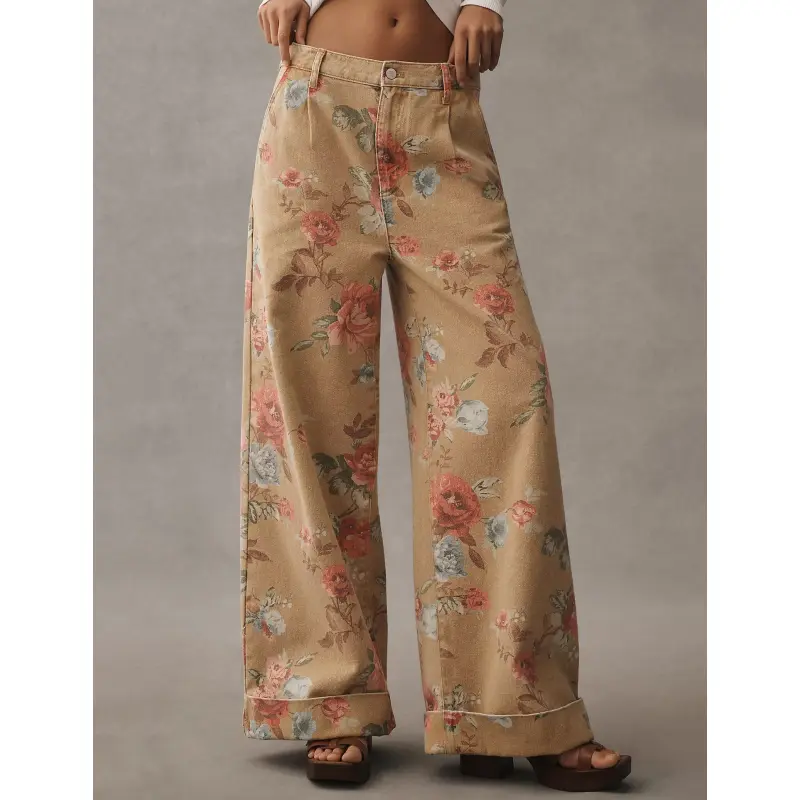 Women's Baggy Jeans with a Boho Vintage Floral Print in Khaki Yellow, Lightweight Oversize Wide Leg Denim with a Mid-Rise Fit for Easter, Baggy Wide Leg Jeans, Drawstring, Everyday, Ultra Baggy Jeans
