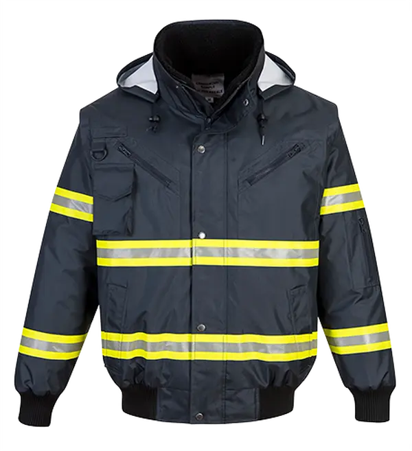 Portwest Men's Iona Enhanced Bomber Jacket, Waterproof Polyester with Zipper Front, Detachable Long Sleeves & Liner, Concealed Hood, Tops
