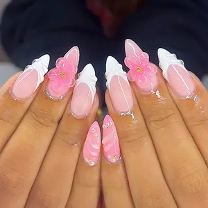 24pcs Almond Press-On Nails, Gel Flowers with Pearl Gold Beads, Gradient French Manicure, Includes Jelly Glue and File, Nail Kit Set, Almond Fake Nails