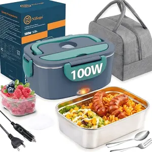 100W Electric Lunch Box Food Heater, 1.5L Compartment Stainless Steel Self-Heating Lunch Box For Adults, Portable Heating Lunch Box With Adapter, Utensils & Insulated Bag, Suitable For Car, Truck & Office (Blue)