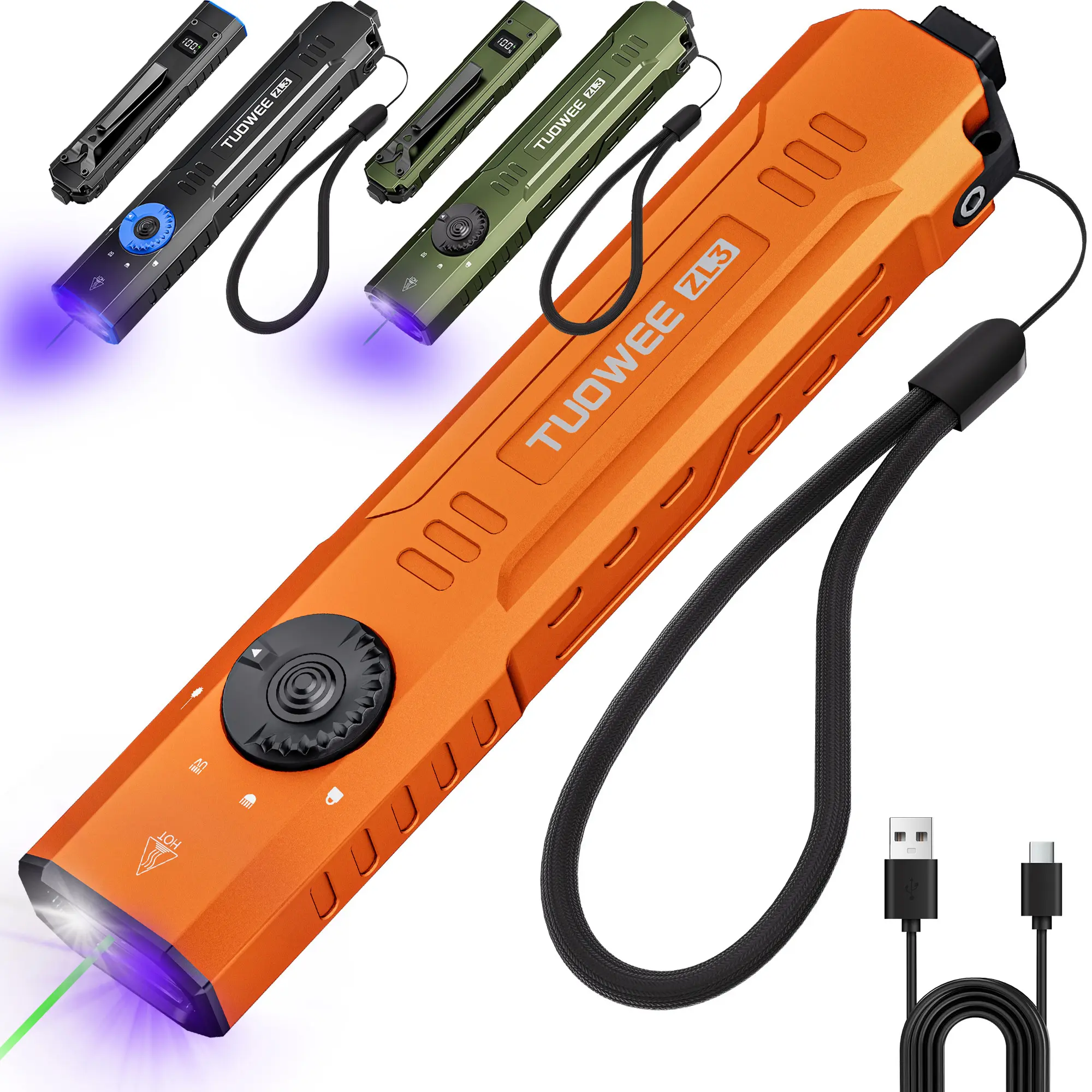 1500-Lumen Slim Tactical Flashlight & Green Laser Beam Combo, 3-Light-Source EDC Multi-Function Flashlight, High-Brightness White Light, UV365 Ultraviolet Light, Rechargeable, Essential for Home, Outdoor Adventures and Daily Use