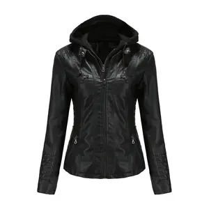 Women's Black PU Leather Biker Jacket with Removable Hood Faux Leather Motorcycle Coat Long Sleeve Street Fashion S-XL Outerwear