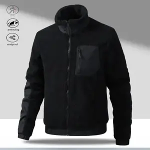 Men's Long Sleeve Stand Collar Fleece Jacket - Elegant, Stylish Plain Coat with Practical Zippered Pockets, Faux Fur, Patchwork Details, Casual Simple Design Without Excessive Embellishments