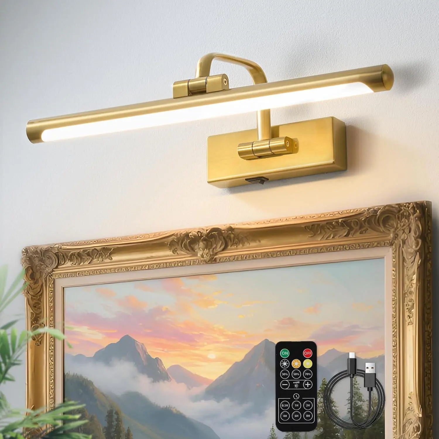 Rechargeable 16-Inch Gold Picture Light, Wireless and Dimmable with Remote & Timer, 3-CCT LED for Wall Art Paintings and Gallery Display