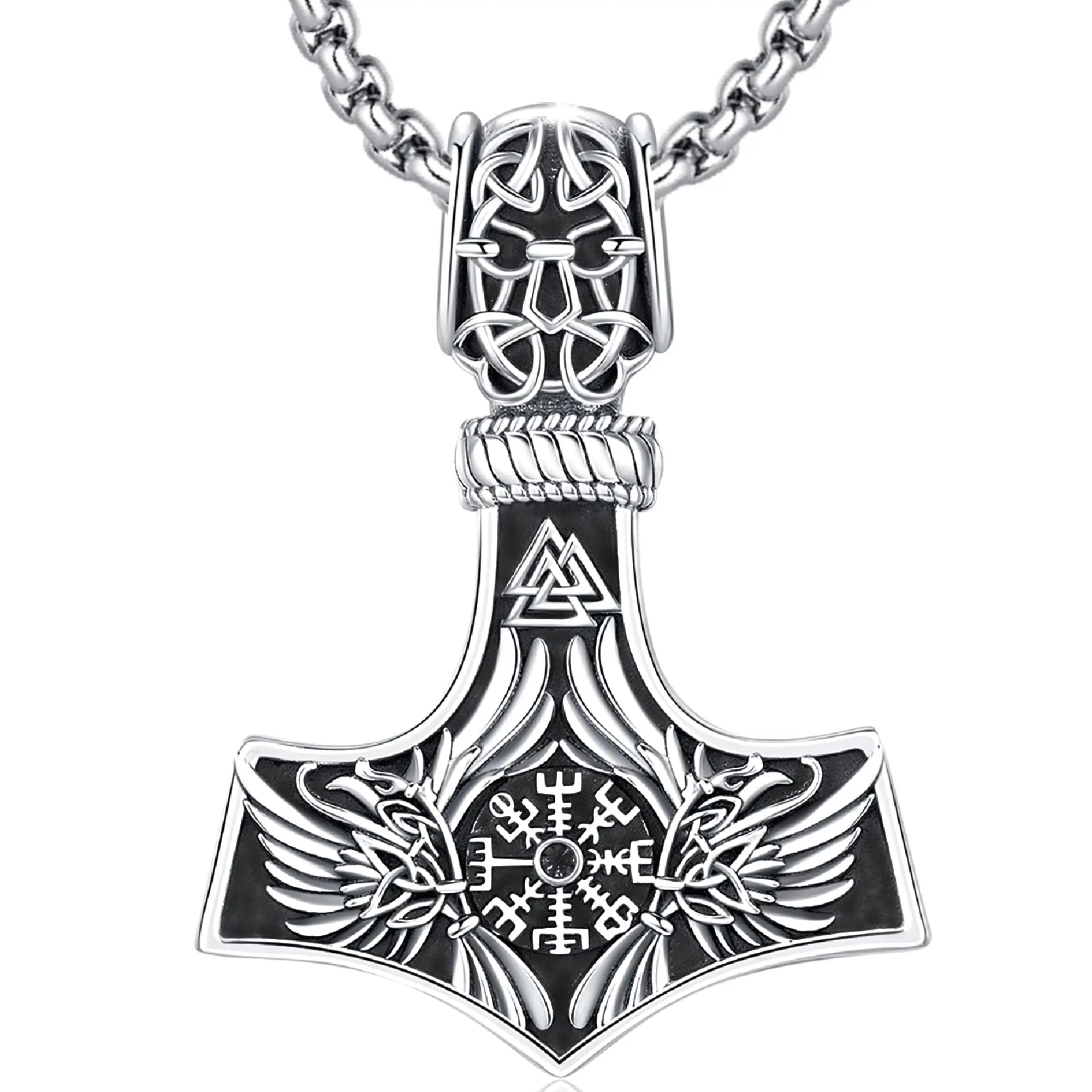 DRINSPER Mjolnir Necklace, Elegant 925 Stamped Sterling Silver Thor's Hammer Pendant, Hypoallergenic Norse Jewelry with 22+2 Inch Box Necklace Chain, Fashion Necklace