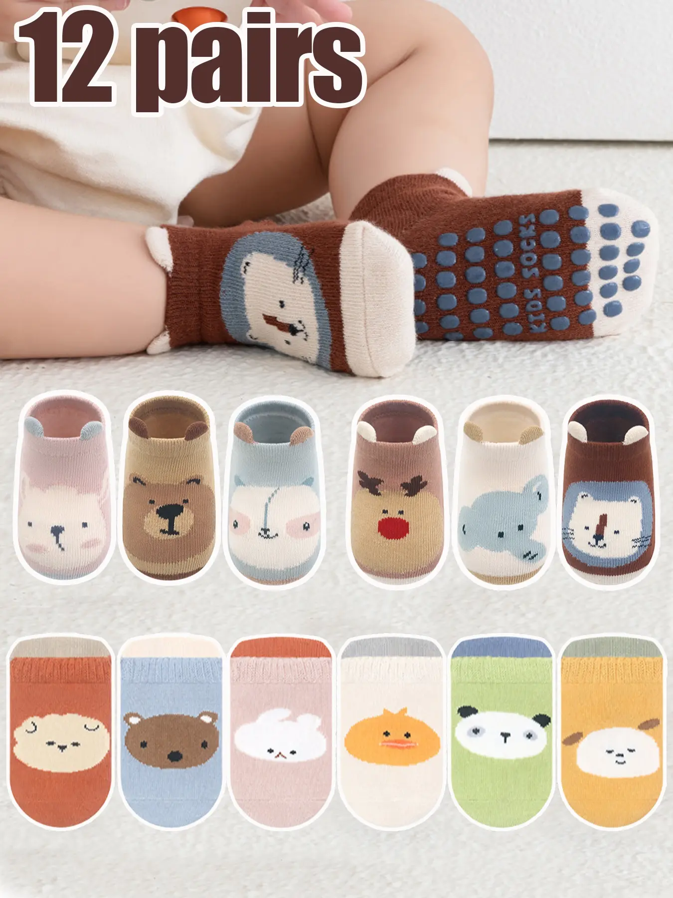 12 Pairs Baby Boys Cartoon Socks Anti-Slip, Toddler Walking Socks, Toddler Grip Socks, Toddler Socks With Grips, Toddler Silly Socks, Newborn Baby Boy Animal Print Socks, Unisex Short Socks, Kid Socks, Socks Set