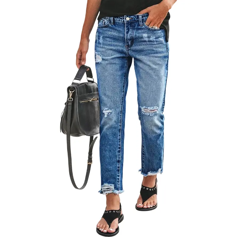 Flamingals Wash Ripped Raw Hem Mid Rise Straight Leg Crop Jeans Womenswear Stretchy 26.8" Inseam Flamingals Wash Ripped Raw Hem Mid Rise Straight Leg Crop Jeans Womenswear Stretchy 26.8" Inseam