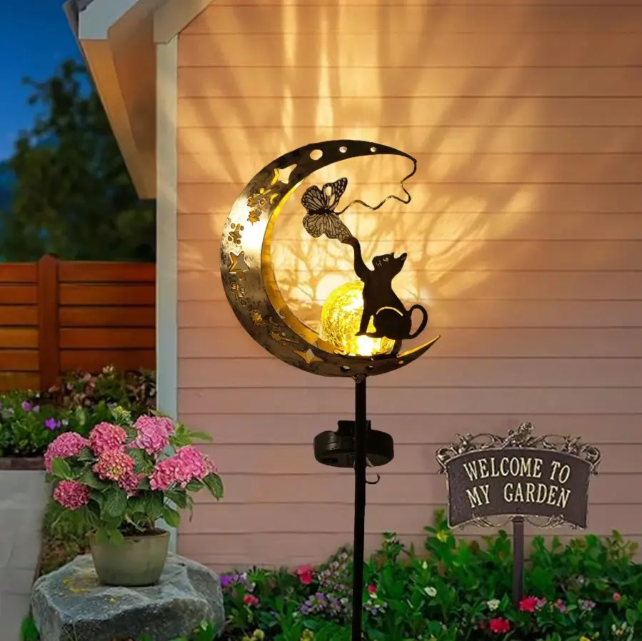 Solar Garden Stake Light - Waterproof Metal Crescent Moon with Black Cat Reaching for Butterfly, Crackle Glass Ball Lantern, Auto On/Off Solar-Powered Iron Art Outdoor Decor for Pathway, Patio