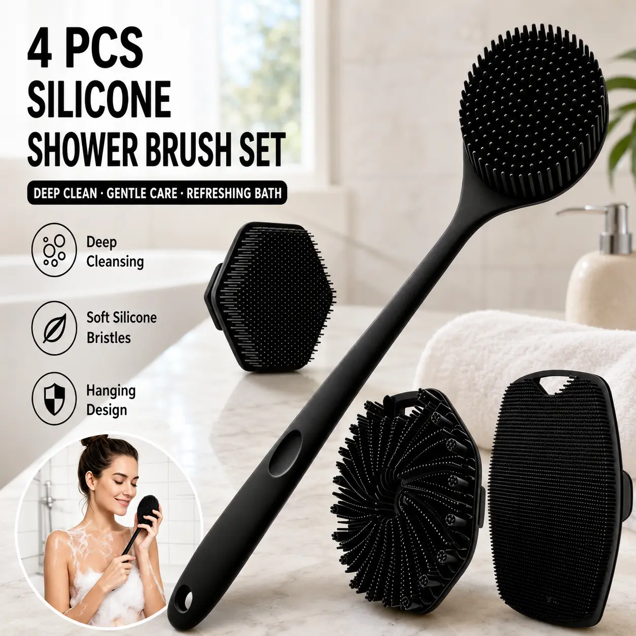 4PCS Eco-Friendly Lightweight Adult Bath Tool Set for Shower Routine - Silicone Long Handle Back Scrubber, Hexagon Face Cleansing Brush, Square Scrubber, Diamond Silicone Exfoliator, Gentle Clean Bath Brush Bathroom Accessories