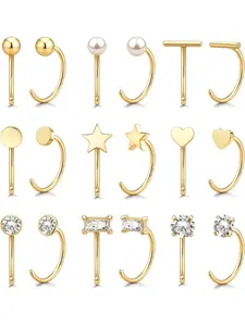 9 Pairs 14K Gold Plated Stay Close Hoop Huggie Earring Pack Half Hoop Earrings Cartilage Helix Open Hugging for Women | Hypoallergenic 316L Stainless Steel Jewelry Set Trending Women's Day Gifts Heart Shaped Earrings