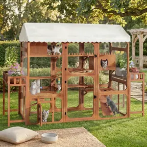 Large Outdoor Cat Enclosure Wooden Catio with 2 Plant Stands, Multi-Level Cat Playpen with Weather-Resistant Roof, Resting Box, Climbing Ramps & Wire Mesh for Backyard Patio(Split into two packages)