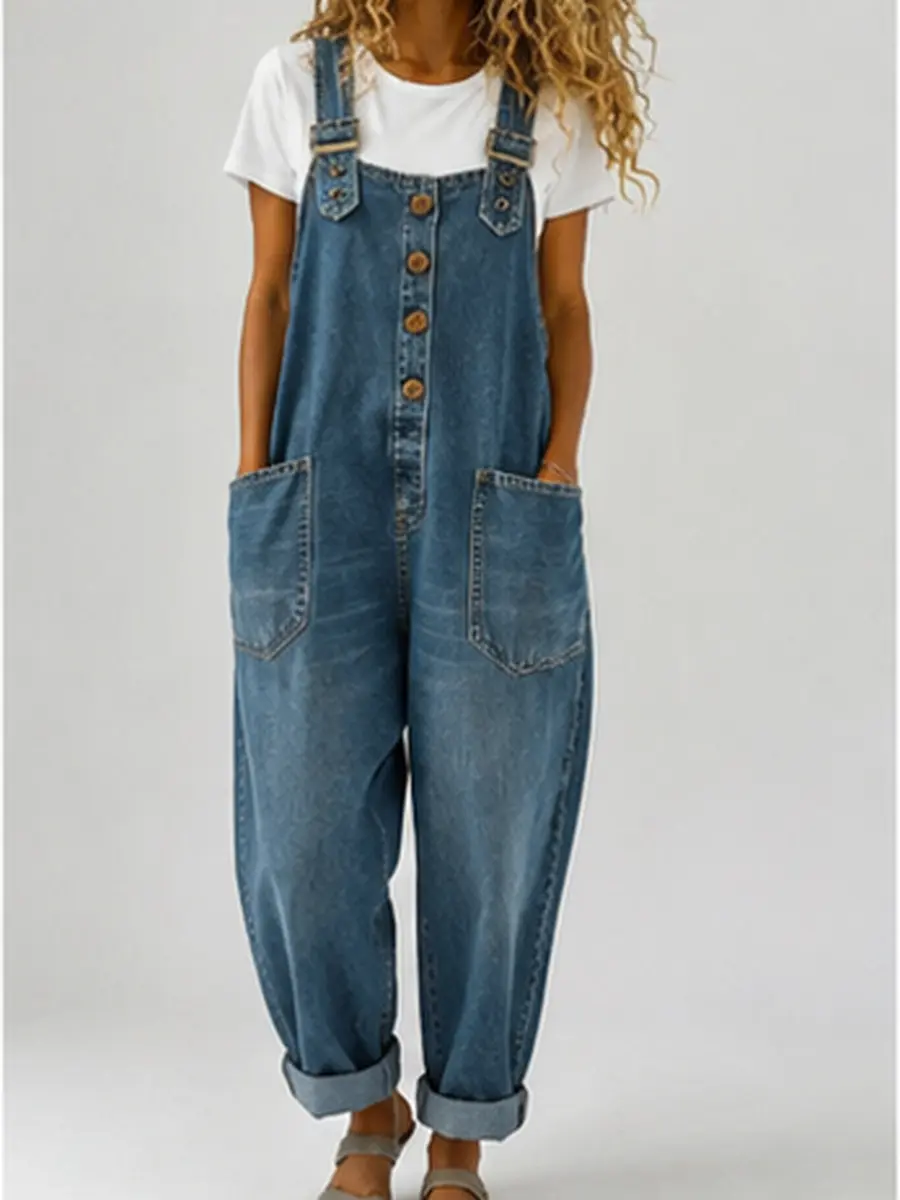 Women’s Denim Fabric Bib Overalls - Loose Fit, Adjustable Strap, Bib Front Jumpsuit for Everyday Style Outfits