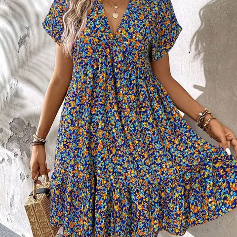 Fashion Floral V-Neck Ruffle Dress Plus Size Casual Short-Sleeve Flowy Fit Dress, Lightweight Breathable Fabric, Y2K Clothes Summer Vacation Outfits, Trendy Beach Daily Wear, Comfortable Relaxed Fit Boho Bohemian Dresses, Womenswear, Boho Style Womenswear