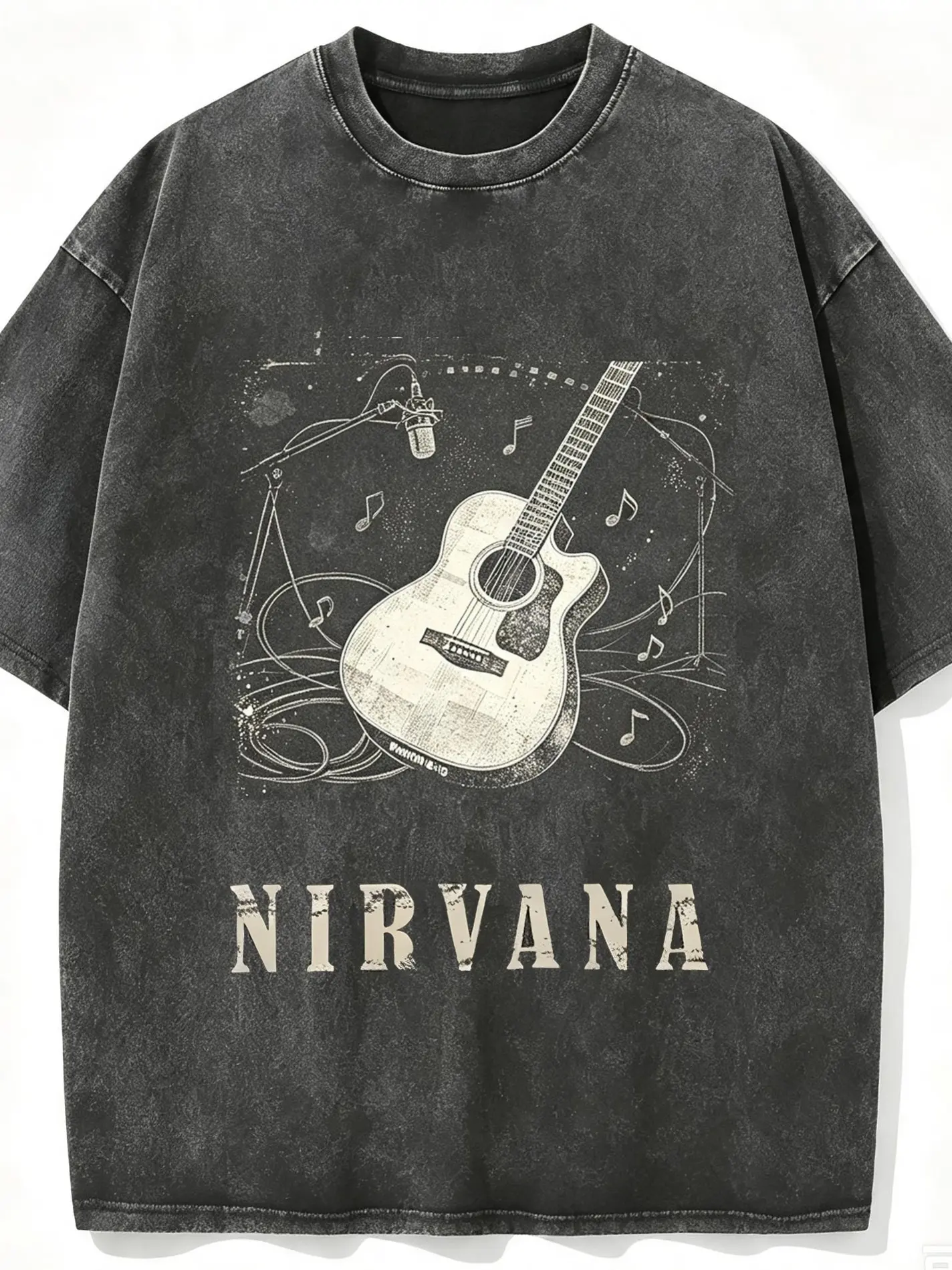 Men's short sleeved retro washed Nirvana T-shirt - Martin D-18E guitar, microphone, note multi-element pattern Grunge T-shirt, alternative gift for music fans and back to school season gift