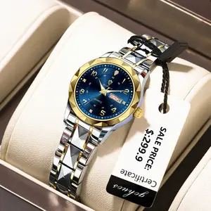 GOHUOS Luxury Elegant Women's Watch Luminous Waterproof Week Date Stainless Steel Quartz Fashion Ladies Wristwatch with Box Bag Gifts