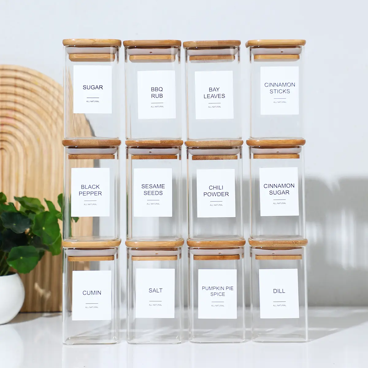 Glass Food Storage Jars with Bamboo Lids (8oz Square, 12/18/24 Pcs Multiple Sets) - Glass Kitchen Canisters for Kitchen Utensils, Meal Prep, Freshness Preservation