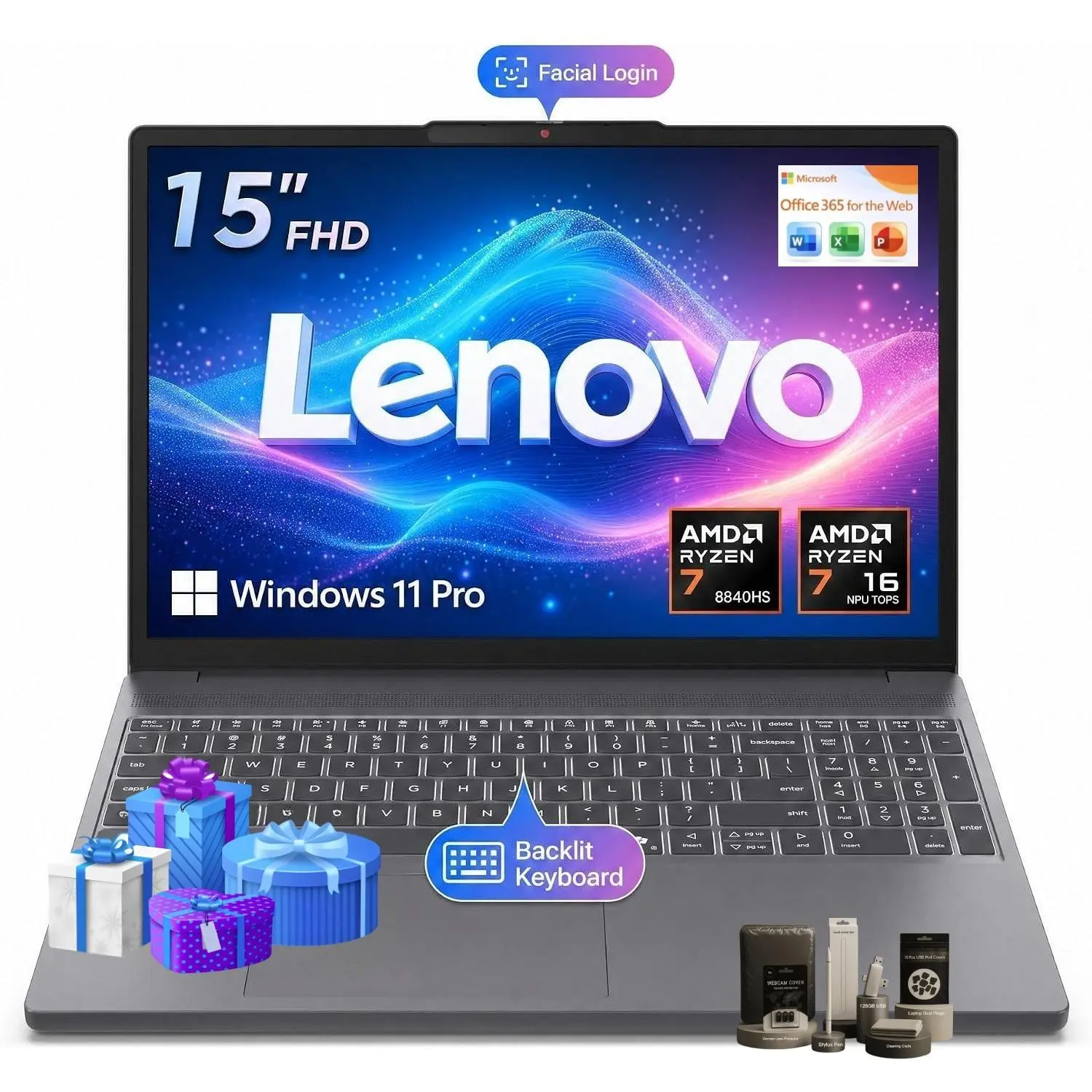 2026 Lenovo Gray 15.3" Touchscreen Laptop | Ryzen 7 8840HS, Radeon 780M Graphics, Up to 32GB RAM 1TB SSD, FHD 1080P IR Camera, Backlit Keyboard, Windows 11 Pro, Bundle Accessories Included