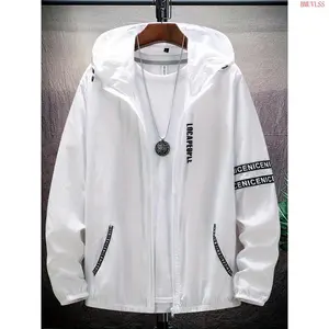 Men’s Lightweight Breathable Summer Hooded Jacket — Casual windbreaker with letter print and pockets, regular fit for outdoor and casual wear; summer outerwear | modern jacket | durable zipper, windbreaker jacket