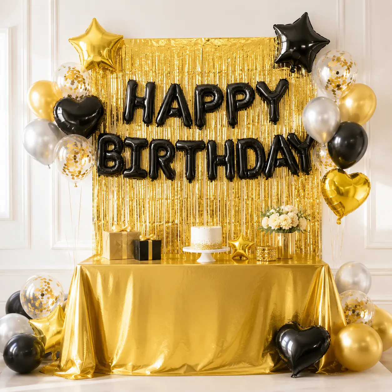 Black Gold Metallic 43-Piece Birthday Decoration Kit - Party Setup Supplies with Happy Birthday Foil Letter Banner, Hearts Stars & Confetti Accents, Photo-Ready Tape
