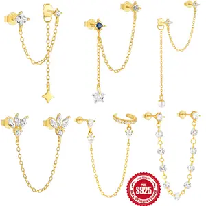 Sterling Silver Chain Earrings Double Piercing Dangle Hypoallergenic Cubic Zirconia Tassel Earrings Jewelry Gifts for Women Girls