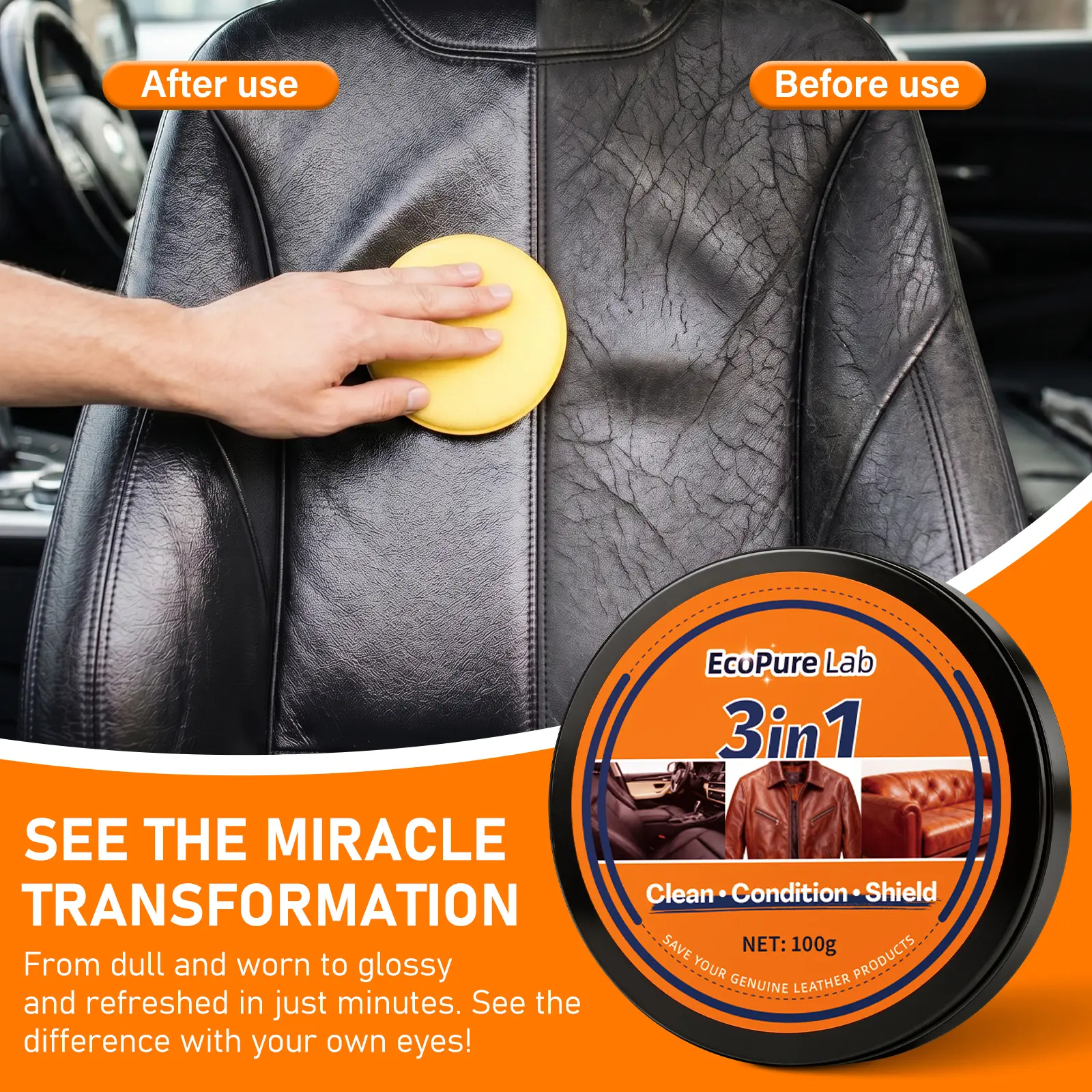 EcoPure Lab 3-in-1 Premium Leather Restorer & Cleaner - Waterless Car Interior & Couch Repair Cream - Mess-Free Sponge Applicator for Boots & Vinyl - Quick-Drying, Professional Grade & Eco-Safe