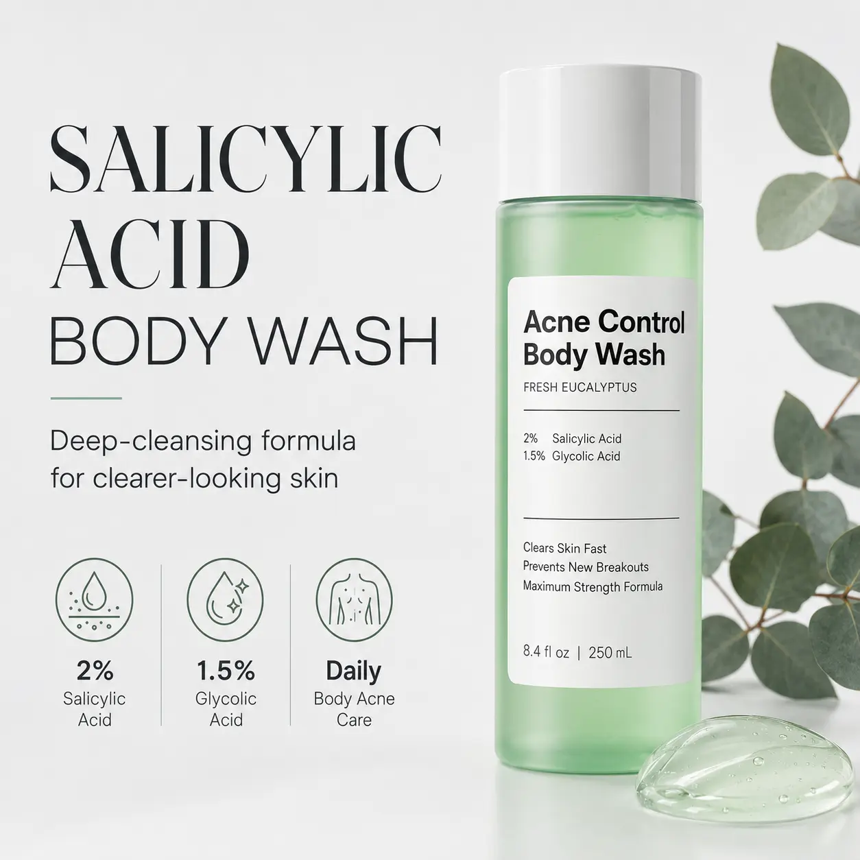 2% Salicylic Acid Body Wash | Clarifying Body Cleanser with 1.5% Glycolic Acid | For Back, Chest, Shoulders & Breakout-Prone Skin | 8.4 Oz