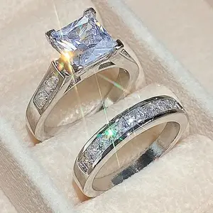 Women's 2-Piece Princess Cut Square Ring Stack - Micro Pave Cubic Zirconia Geometric Engagement & Wedding Band, Luxury Rings, Everyday Wear Costume Jewelry Gift for Her