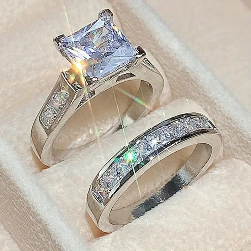 Women's 2-Piece Princess Square Ring Set - Luxury Statement Engagement Ring and Wedding Band for Anniversary Gift