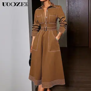 UOOZEE TikTok Exclusive Women's 2025 Autumn Lightweight Button Down Elasticity Lapel Brown Shirt Maxi Dress, Woman Spring Pockets Women A-line Long Dresses with Belt (One Size Up Recommended for C - Cup and Above) Casual Check thanksgiving outfits SpringS