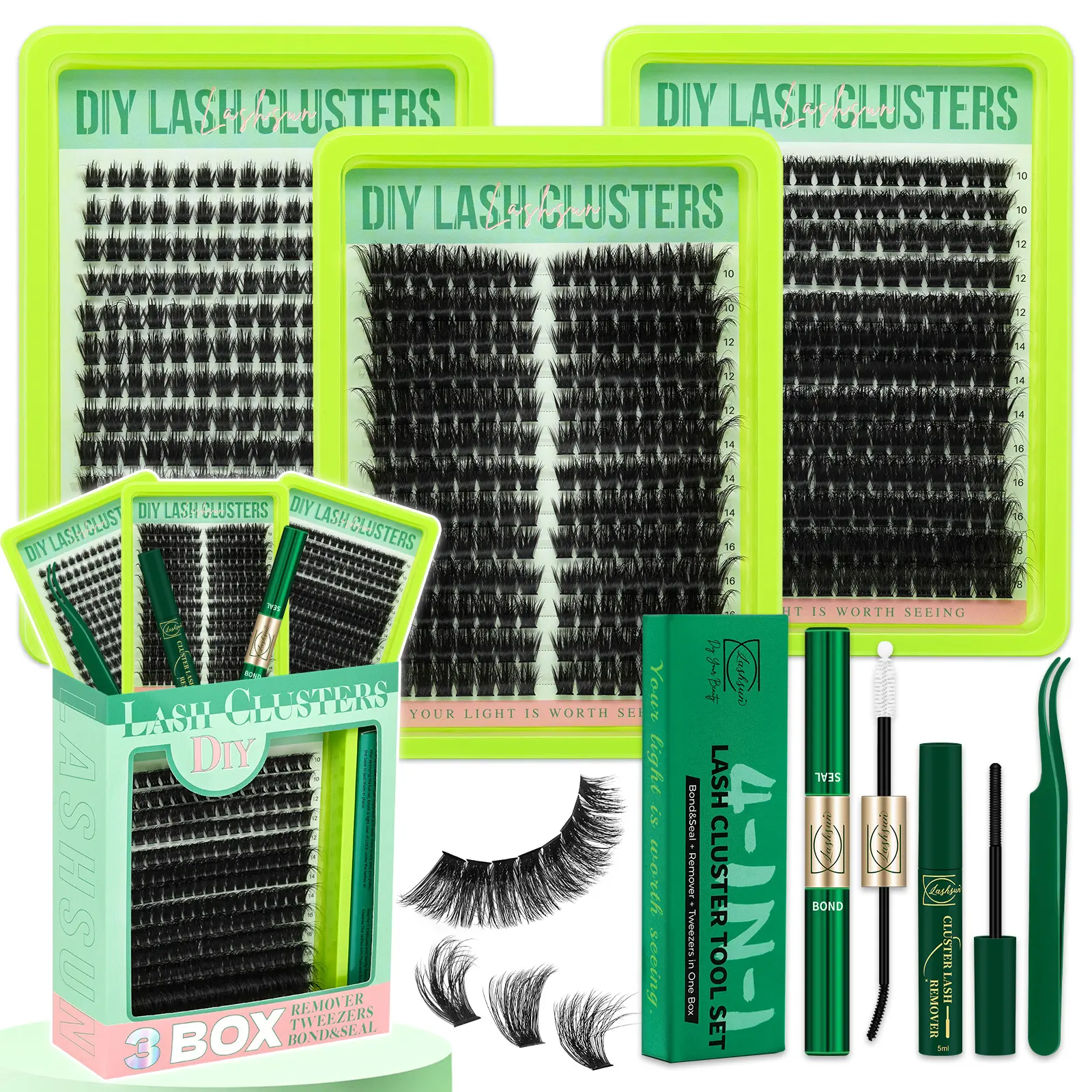 Lashsun 640PCS 3 Styles D Curl Cat/Mega/Volume Lash Clusters Kit, 3 Box Eyelashes in One Kit, Kit with Bond&Seal Remover Tweezers for Beginners and Proficient, DIY at Home Easily,Soft and Comfortable Cluster Eyelashes Easy Apply for Makeup Daily Life