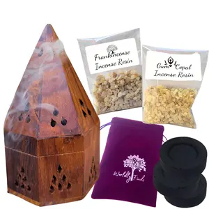 Resin Incense Burner Kit Starter Set, Natural Wood Incense Holder & Burner w/ Copal Resin & Frankincense Resin