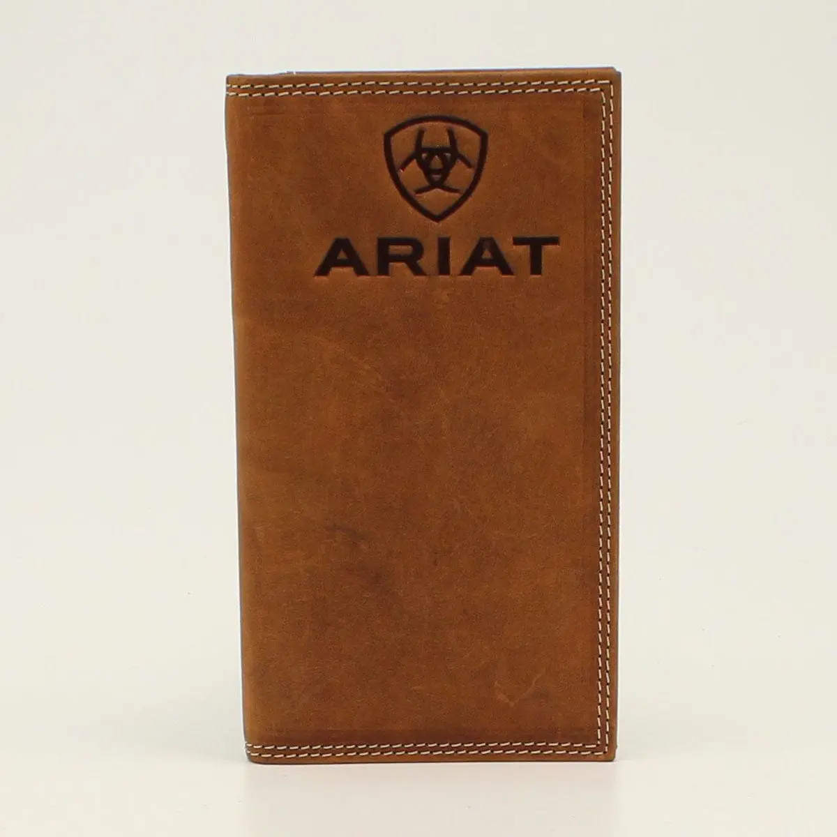 Ariat Men's Trifold Leather Cowboy Wallet - Medium Brown, Embossed Logo Shield, Contrast Stitching, Multiple Slots, Wallet Card Holder, Genuine Leather Wallet, Leather Rodeo Wallet