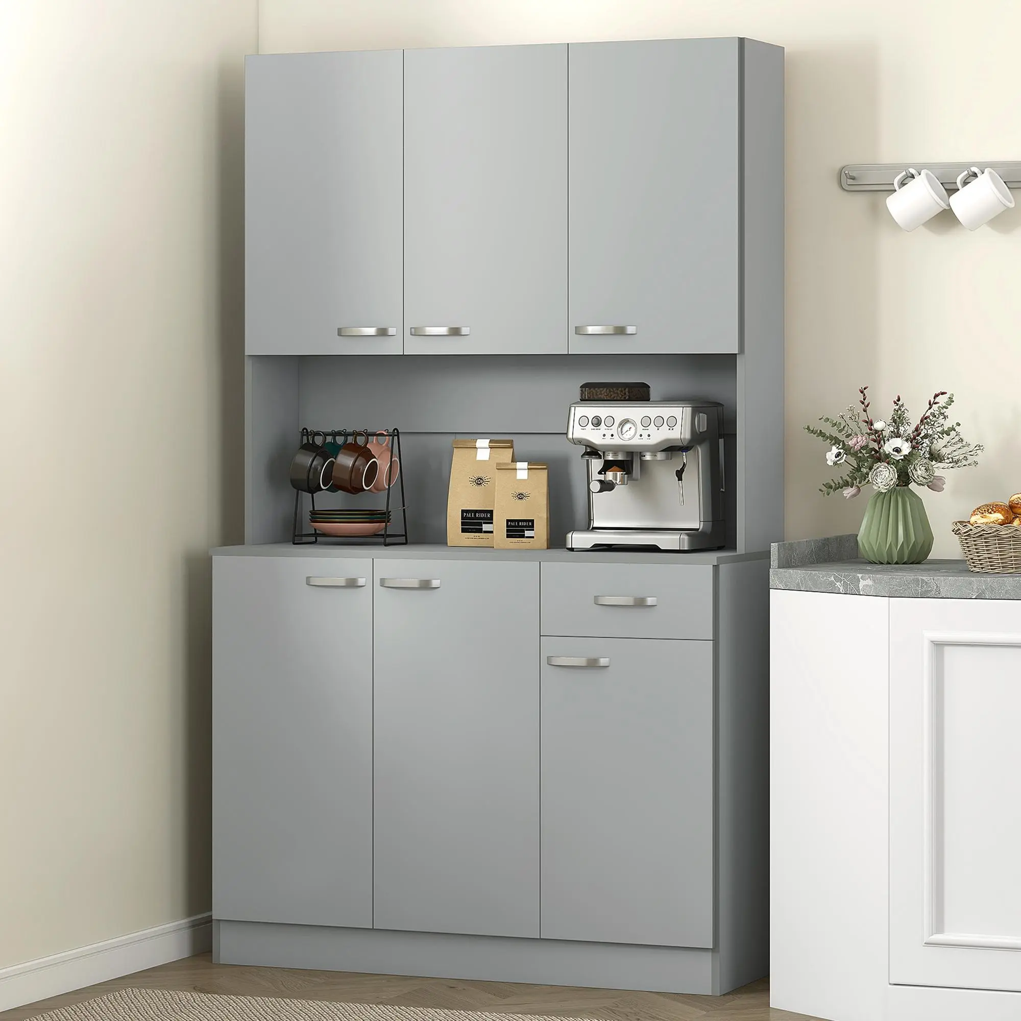 HOMCOM 71" Modern Tall Multi-Functional Adjustable Openable Floor Kitchen Pantry Cabinet - Microwave Stand, Hutch with Countertop, 6 Doors, 1 Drawer, 3 Adjustable Shelves, Assembly Required for Living Room, Dining Room, White, Adjustable Floor Cabinets, M