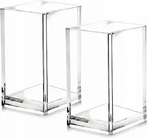 2 Pack Clear Acrylic Pencil Pen Holder Cup,Desk Accessories Holder,Makeup Brush Storage Organizer,Modern Design Desktop Stationery Organizer for Office School Home Supplies,2.6x 2.6x 4 inches